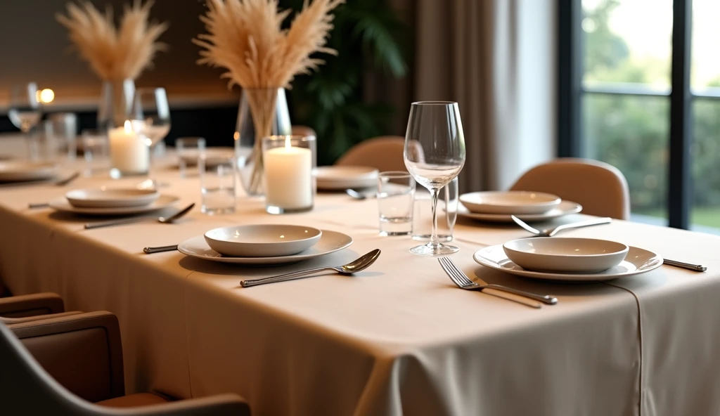Une table à manger moderne élégamment dressée avec une nappe beige épurée, parfaitement drapée pour un look sophistiqué. La table est composée de vaisselle contemporaine, de couverts minimalistes et de verres élégants, disposés avec précision. Un éclairage d'ambiance doux rehausse l'atmosphère raffinée, créant une expérience culinaire chaleureuse et accueillante.