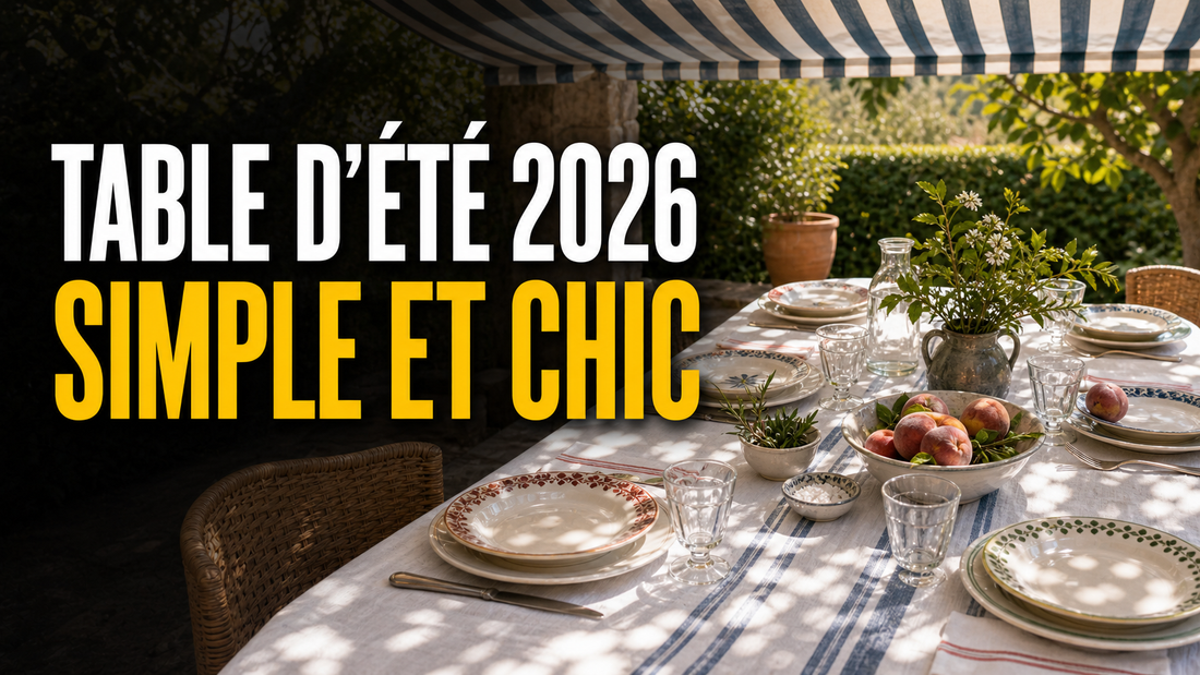 Table de jardin sous auvent rayé avec nappe en lin, assiettes simples et titre Table d'été 2026 simple et chic.