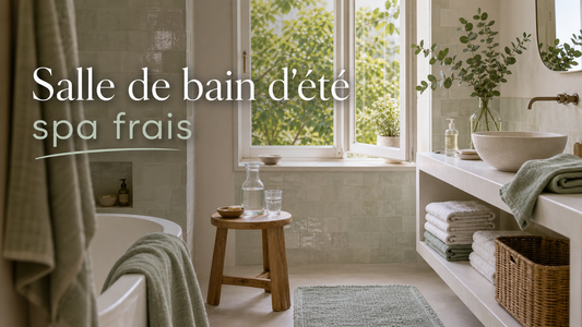 Salle de bain d'été lumineuse avec serviettes vert eucalyptus, tapis clair et titre léger spa frais.