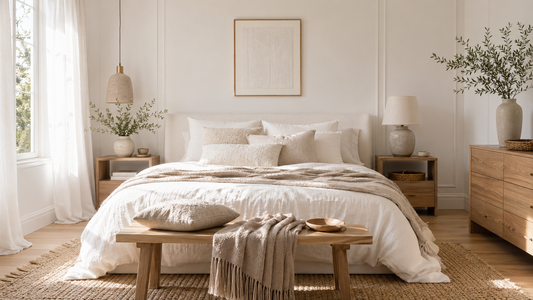 Chambre blanche avec linge de lit texturé, coussins sobres et touches naturelles pour un style plus affirmé.
