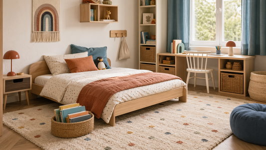 Chambre d’enfant douce avec parure de lit colorée, rangement bas et paniers