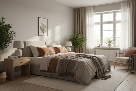 Chambre moderne avec jetés de lit et décoration élégante