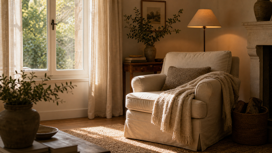 Coin lecture cosy avec fauteuil, plaid doux, coussin, lampe chaude et tapis naturel.