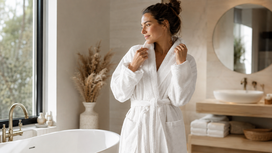 Femme portant un peignoir de bain blanc dans une salle de bain lumineuse