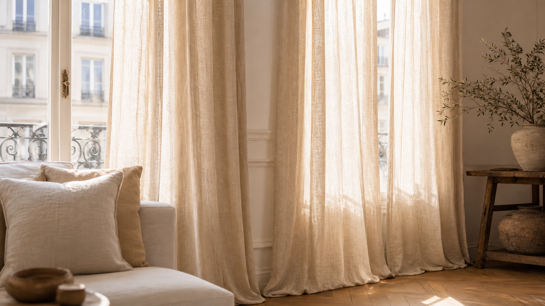 Salon lumineux avec rideaux en lin naturel, canapé clair et textiles chaleureux pour une pièce accueillante.