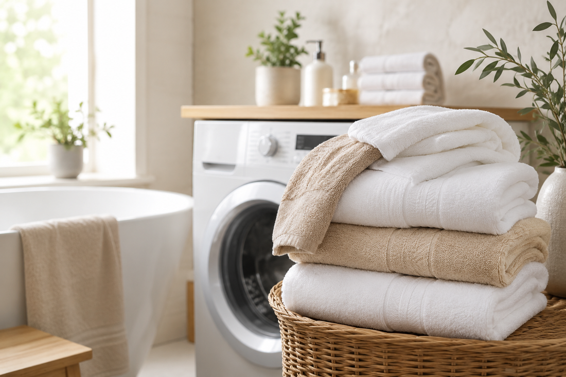 Serviettes de bain blanches et beige propres devant une machine à laver dans une salle de bain lumineuse
