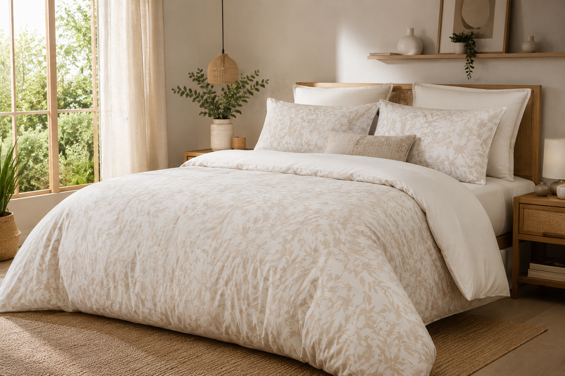 Lit double avec parure de lit beige et blanche dans une chambre lumineuse