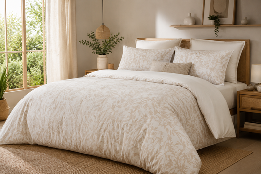Lit double avec parure de lit beige et blanche dans une chambre lumineuse