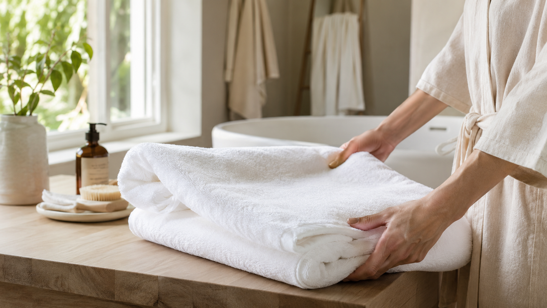 Personne pliant une grande serviette de bain blanche dans une salle de bain lumineuse