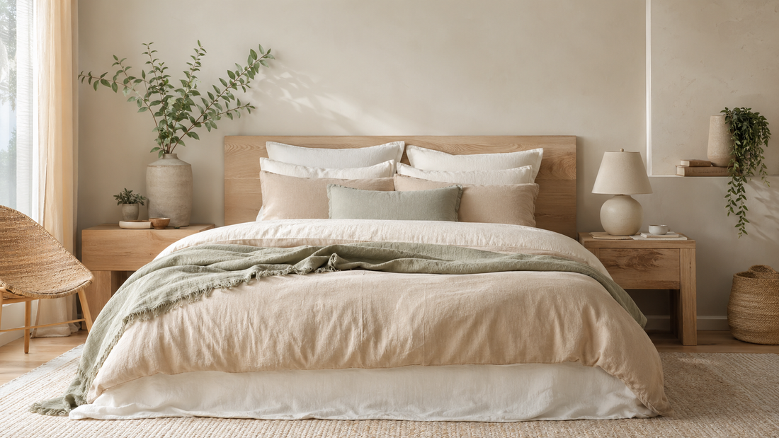 Chambre apaisante avec linge de lit beige chaud, blanc cassé et lumière douce pour une décoration intérieure reposante.