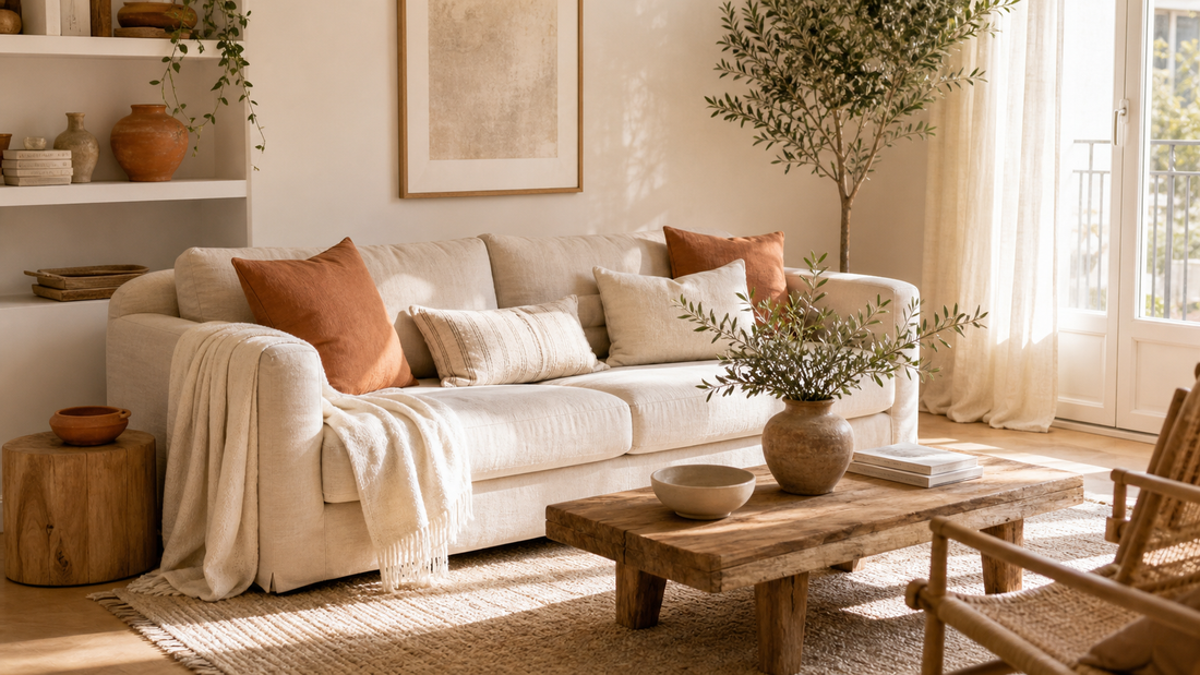 Salon lumineux avec touches terracotta, coussins en lin, tapis clair et textiles naturels.