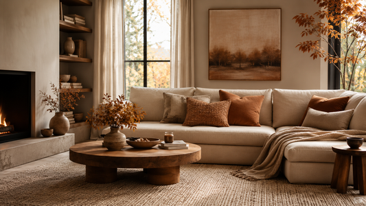 Déco d'automne 2026 dans un salon chaleureux aux tons terre cuite et beige