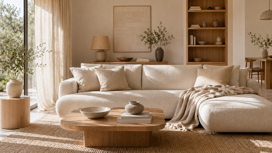 Intérieur naturel élégant mêlant lin, coton et bois clair sans effet rustique dans une décoration contemporaine.
