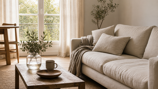 Salon slow living avec textiles naturels, lumière douce, bois clair et décoration calme mais vivante.