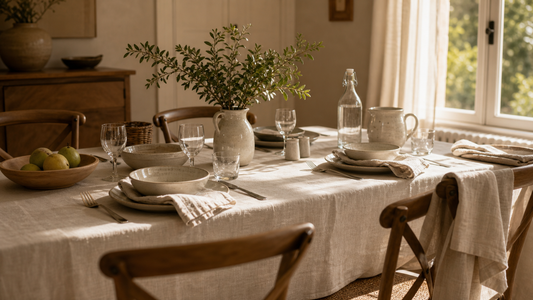Table quotidienne élégante avec nappe claire, serviettes textiles, vaisselle simple et lumière naturelle.