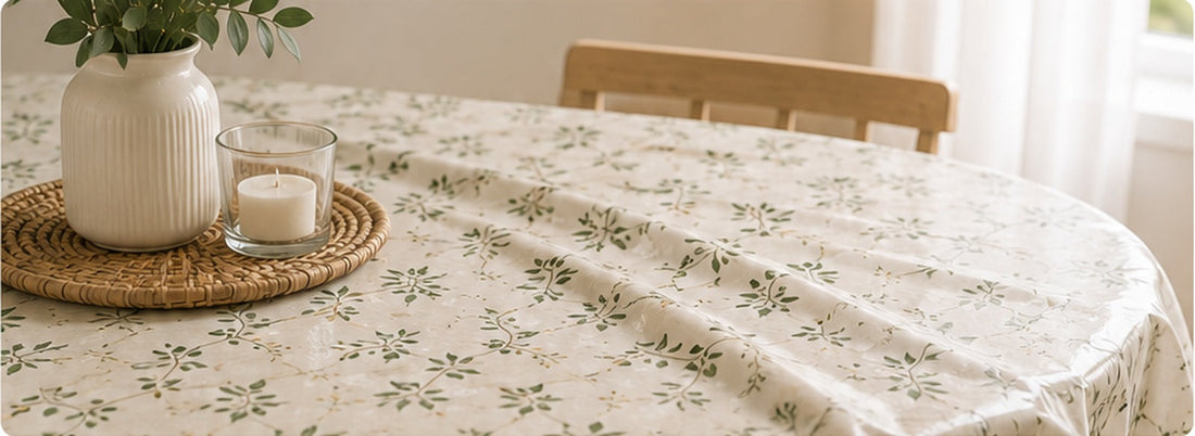 Nappe toile cirée fleurie avec plis visibles sur une table lumineuse