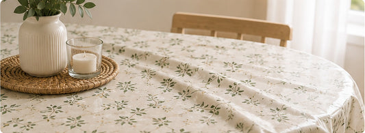 Floral oilcloth tablecloth with visible creases on a bright table