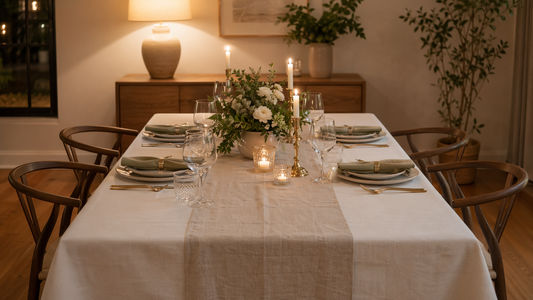Table de dîner élégante avec nappe blanche, chemin de table, bougies et vaisselle sobre