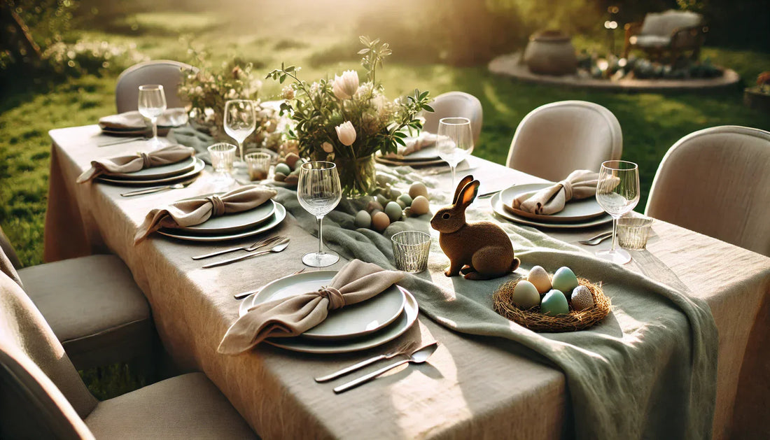 table de Pâques en extérieur, avec une nappe en lin beige, un chemin de table en lin vert sauge, des petits lapins et du chocolat.