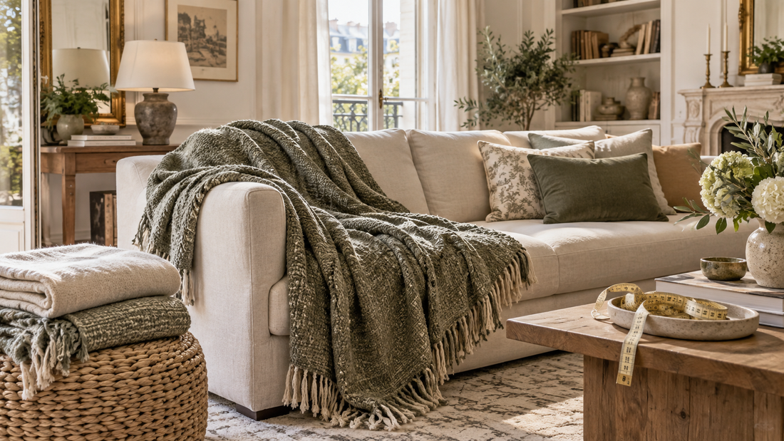 Jeté de canapé beige dans un salon chaleureux aux tons naturels