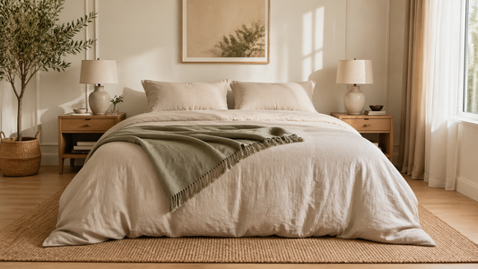 Chambre adulte avec parure de lit claire, couette bien proportionnée et jeté plié