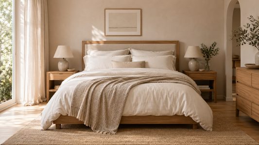 Chambre adulte élégante avec jeté de lit posé naturellement au bout du lit et textiles sobres.