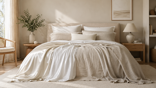 Lit élégant mêlant lin lavé, percale et satin dans une chambre adulte avec ambiance douce et matières visibles.