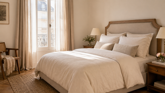 Chambre élégante avec lit façon hôtel, linge blanc cassé, oreillers généreux et lumière douce.