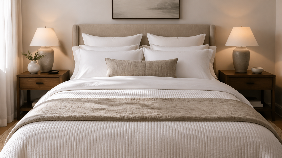 Chambre avec lit façon hôtel, linge blanc, oreillers alignés et jeté au pied