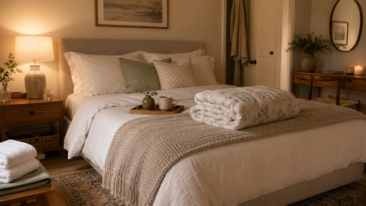 Chambre d’invité avec lit préparé, linge clair, jeté plié et lampe chaude