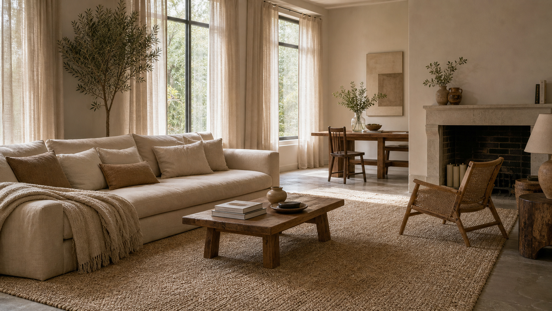 Salon calme avec tapis épais, rideaux souples et coussins pour réduire l’écho dans la maison.