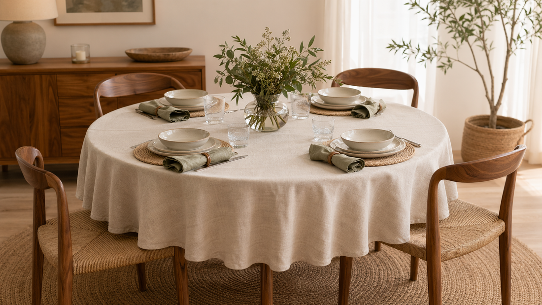 Table ronde avec nappe bien dimensionnée, quatre chaises et centre de table bas
