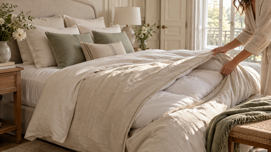 Personne repositionnant une couette blanche dans sa housse en lin beige sur un lit élégant