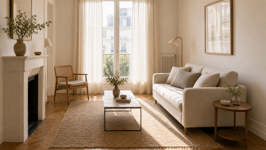 Petit salon lumineux avec rideaux clairs, tapis bien proportionné et coussins sobres pour agrandir l’espace.
