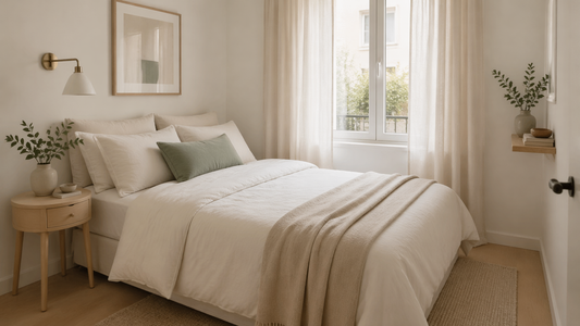 Petite chambre lumineuse avec linge de lit clair, chevet fin et décoration légère