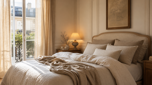 Chambre élégante réchauffée par du linge de lit texturé, des tons sable et une lumière douce.