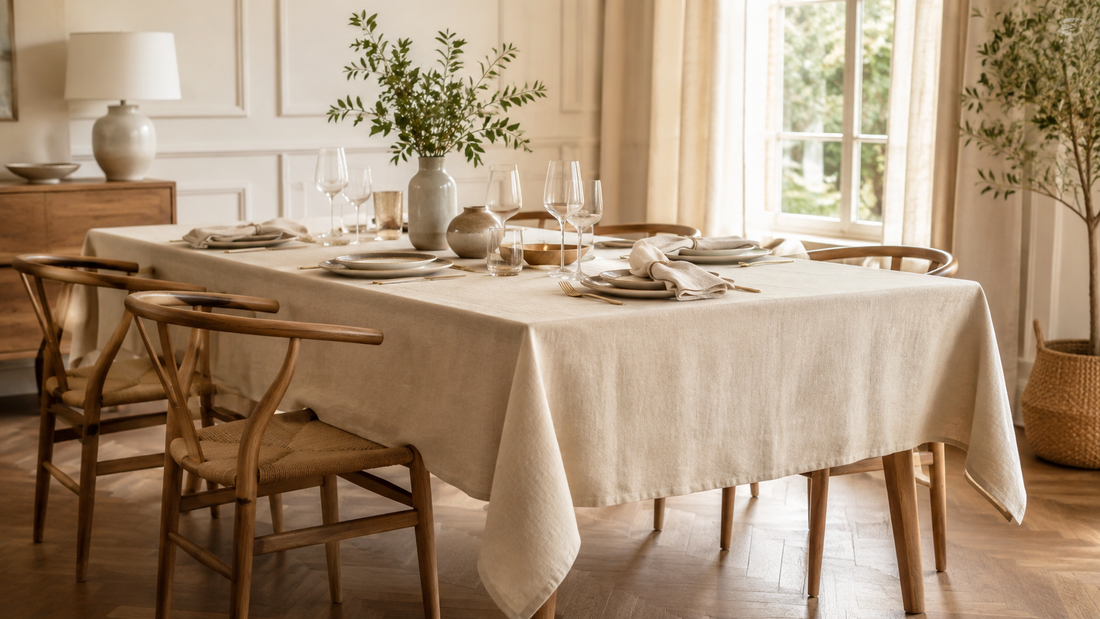 Table rectangulaire de 180 cm dressée avec une nappe beige élégante dans une salle à manger lumineuse