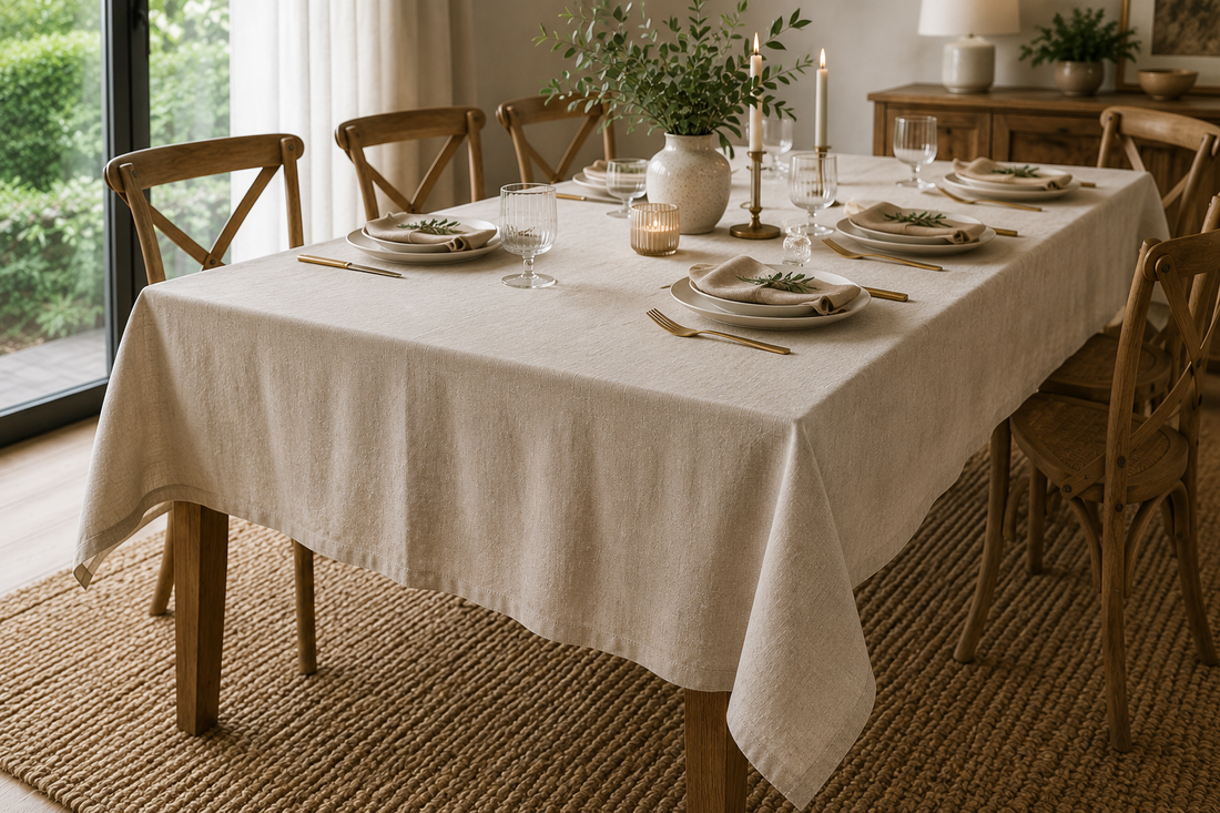 Table rectangulaire dressée avec une nappe beige à retombée équilibrée