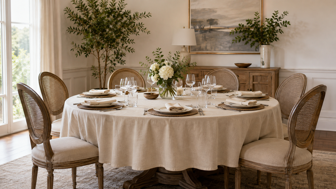 Table ronde de 150 cm dressée avec une nappe beige à retombée élégante