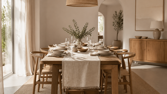 Salle à manger sobre réchauffée par une nappe naturelle, un chemin de table discret et une lumière douce.