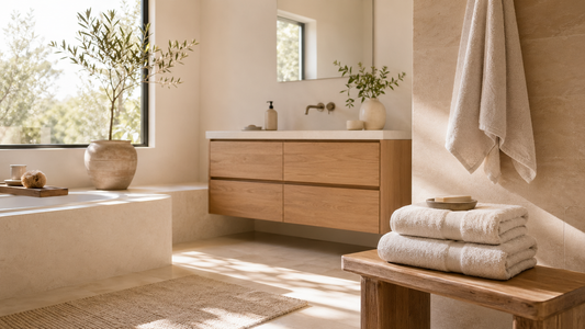 Salle de bain lumineuse avec serviettes épaisses, textiles clairs et ambiance spa élégante.