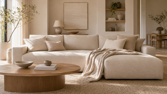 Salon beige et blanc avec canapé clair, plaid texturé et coussins sobres pour un relief textile élégant.