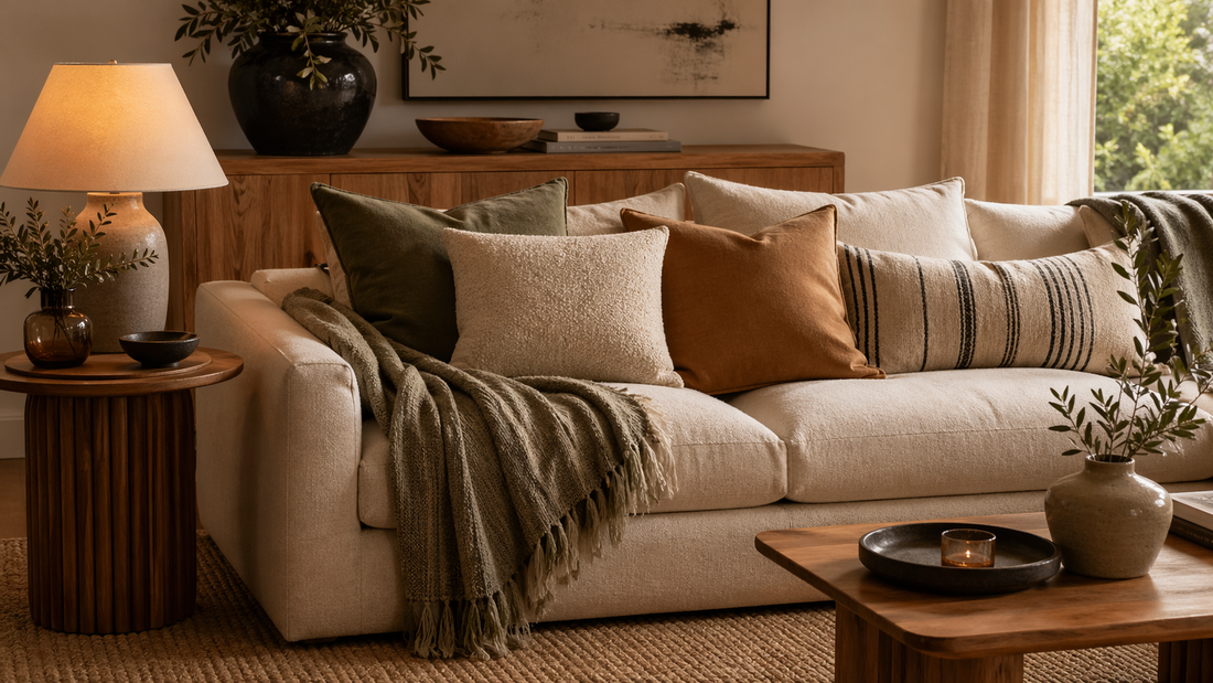 Salon cosy avec canapé clair, jeté de canapé, housses de coussin et lampe chaude