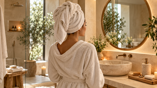 Serviette turban pour cheveux dans une salle de bain lumineuse
