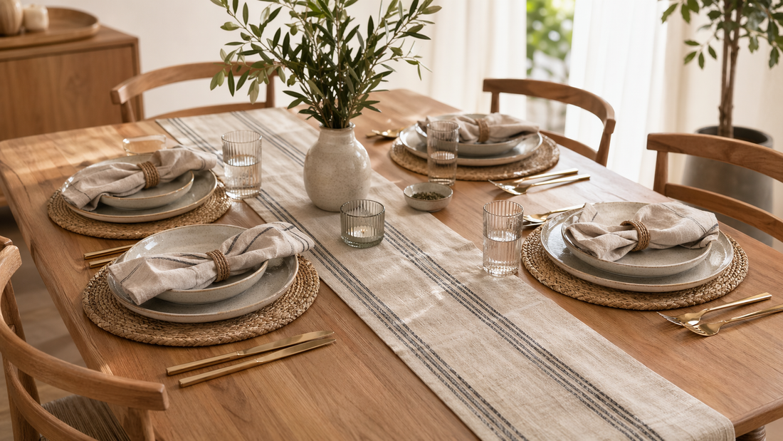 Table du quotidien avec sets de table, chemin central, vaisselle blanche et vase simple