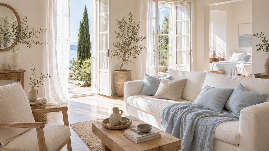 Intérieur d’été lumineux avec textiles clairs, rideaux légers et linge de maison frais pour une ambiance apaisante.