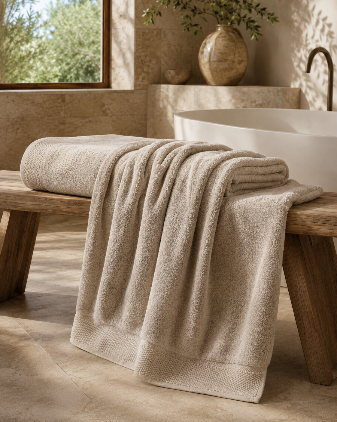 Grand drap de bain doux et absorbant dans une salle de bain lumineuse Maison Orea