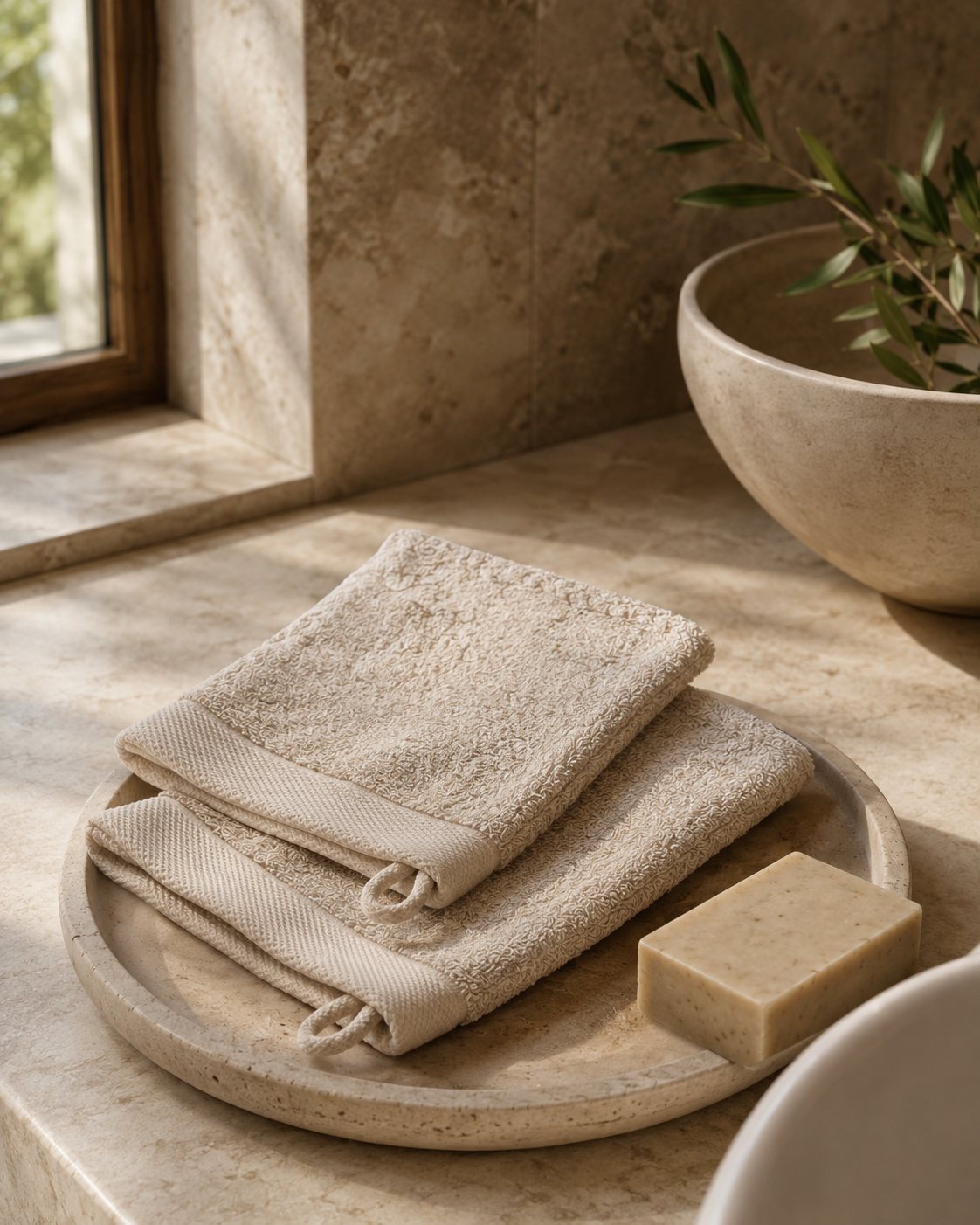 Gants de toilette doux avec savon dans une salle de bain naturelle Maison Orea