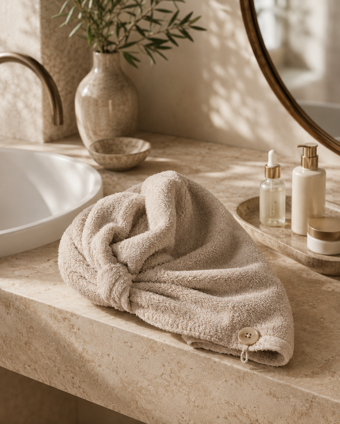 Serviette pour cheveux douce avec bouton dans une salle de bain raffinée Maison Orea