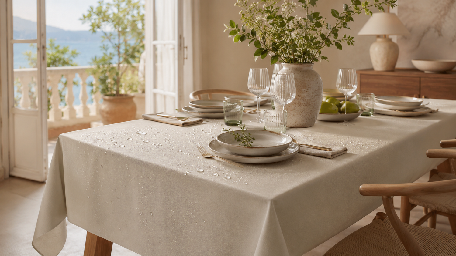 Nappe imperméable élégante sur une table dressée dans un intérieur lumineux